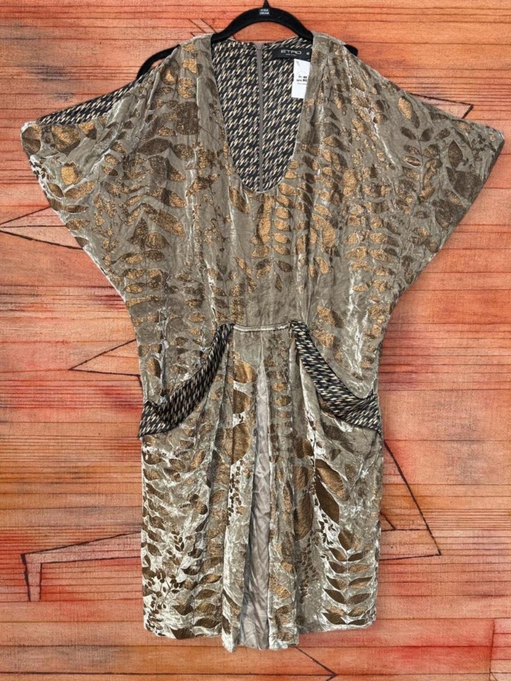 ETRO M 2010s Silk Lined Velvet Dress Art Deco Inspired Pocket Draped Bronze Leaf